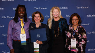 Members of 1stGenYale pose with YAA chair Nancy Stratford during the 2019 awards ceremony held in conjunction with Assembly and Convocation.