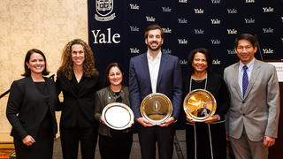 From left: Jocelyn Kane, managing director of the Yale Alumni Fund; Marla Grossman ’90, vice chairman; award winners Rebecca Vitas Schamis ’00 M.B.A., Thomas Ginakakis ’09, and Evangeline Wyche Tross ’78; and Michael Tom ’83 M.D., chairman.