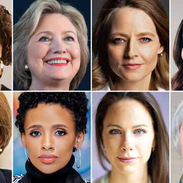 Top row, left to right: Elizabeth Alexander ’84, Secretary Hillary Clinton ’73 JD, Jodie Foster ’85, Rhiana Gunn-Wright ’11. Bottom row: Senator Amy Klobuchar ’82, Rahiel Tesfamariam ’09 MDiv, Barbara Bush ’04, Janet Yellen ’71 PhD